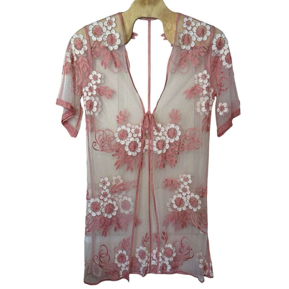 Unbranded Sheer Pink Mesh Kimono Size L Floral Embroidery Coquette Boho Layering